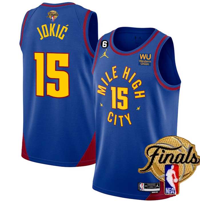 Men%27s Denver Nuggets #15 Nikola Jokic Blue 2023 Finals Statement Edition With NO.6 Patch Stitched Basketball Jersey Dzhi->denver nuggets->NBA Jersey